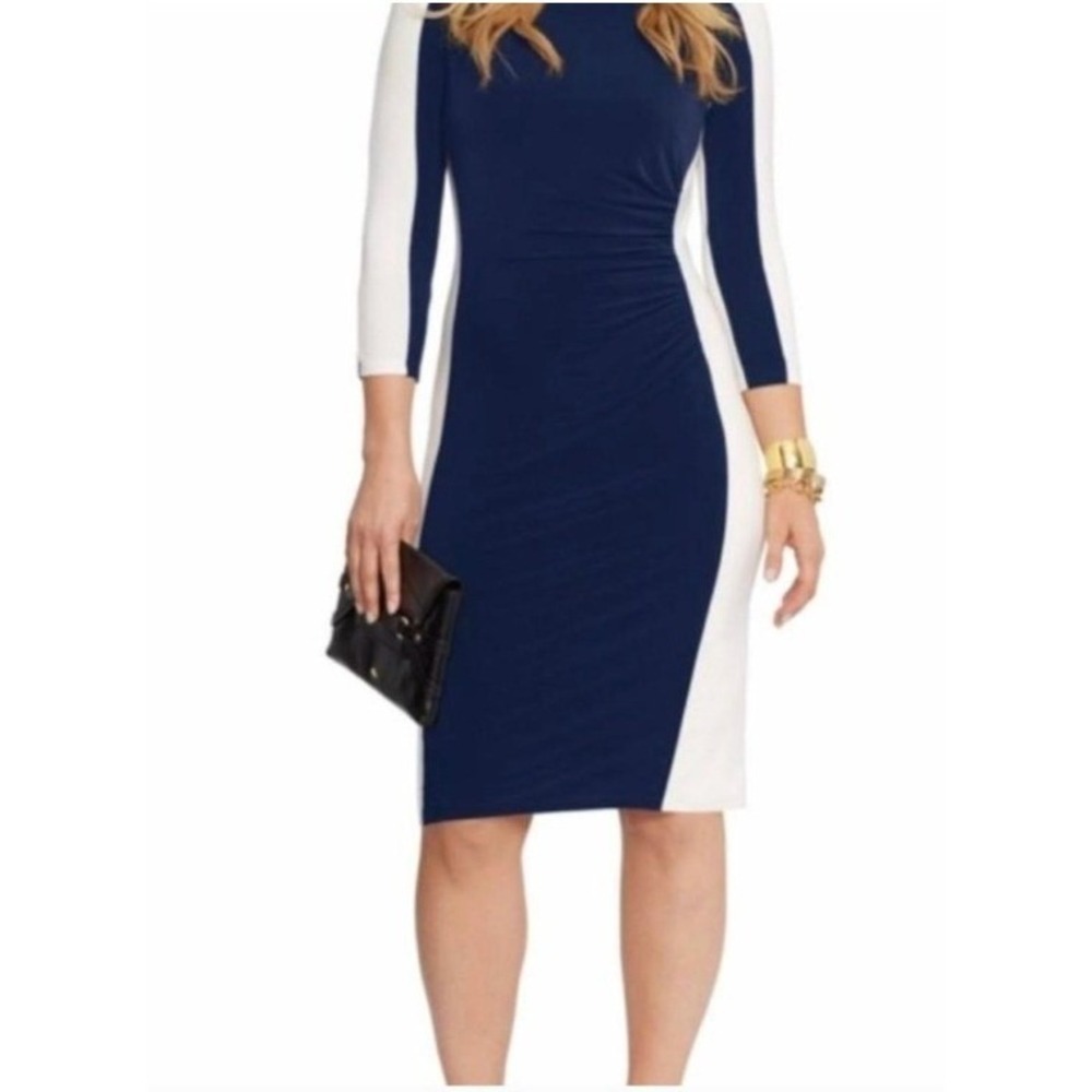 Lauren Ralph‎ Lauren Colorblock Sheath Dress Black White Ruched Size 16